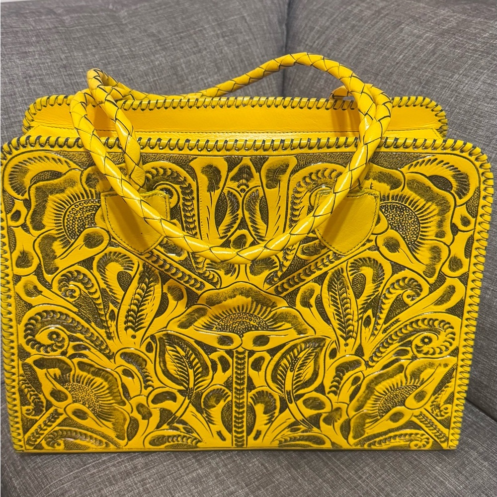 Yellow Embroidered Leather Women's Bag, TOTE M, Suitcase - Picture 3 of 11